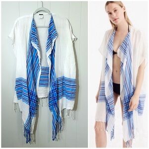 JCrew Wrap Kimono Beach Cover Up Pool Layer Cotton Blend White Blue Plaid OS